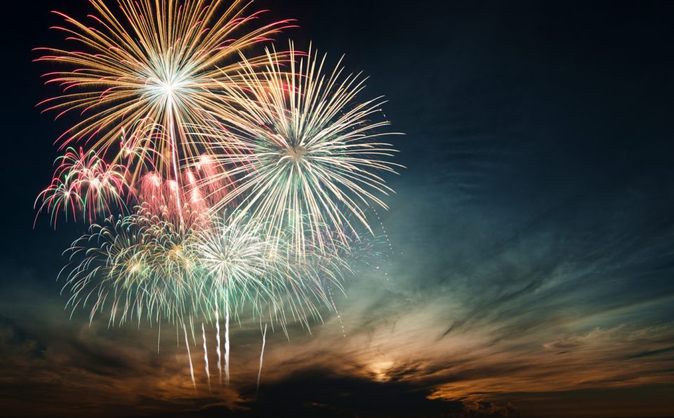 Brightly colorful fireworks in the night sky