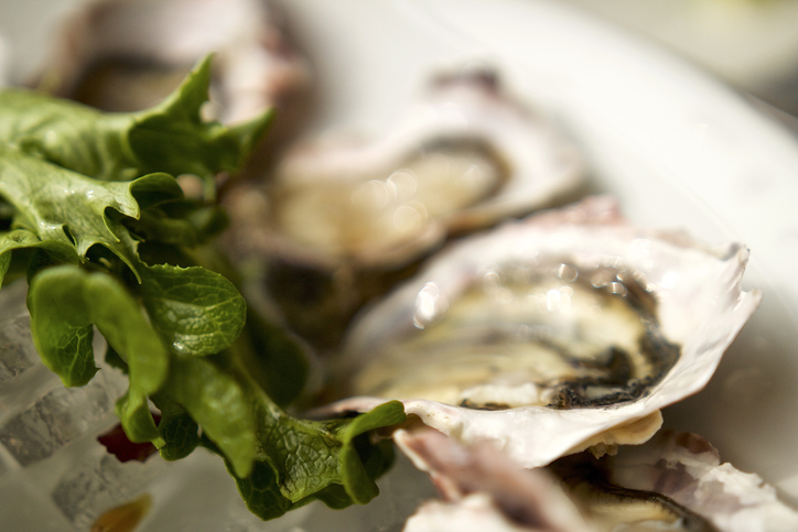 Raw oysters, on half shell, with lettuce garnish